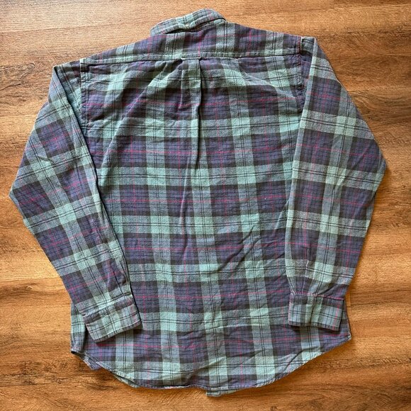 Lands' End Casual Button Down Mens Large Blue Plaid Rugged Retro Flannel Shirt - Picture 2 of 6
